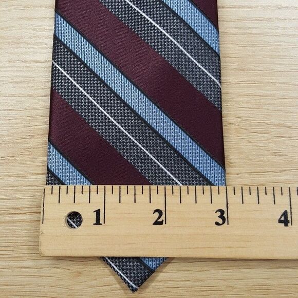 PERRY ELLIS Mens Neck Tie Burgundy Blue Stripe Classic Pointed - Picture 5 of 6